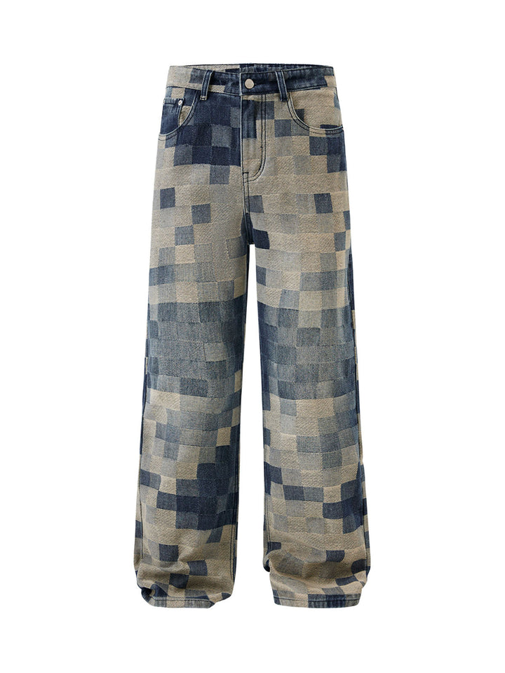 'Mosaic' Checkerboard Jacquard Wide Leg Jeans