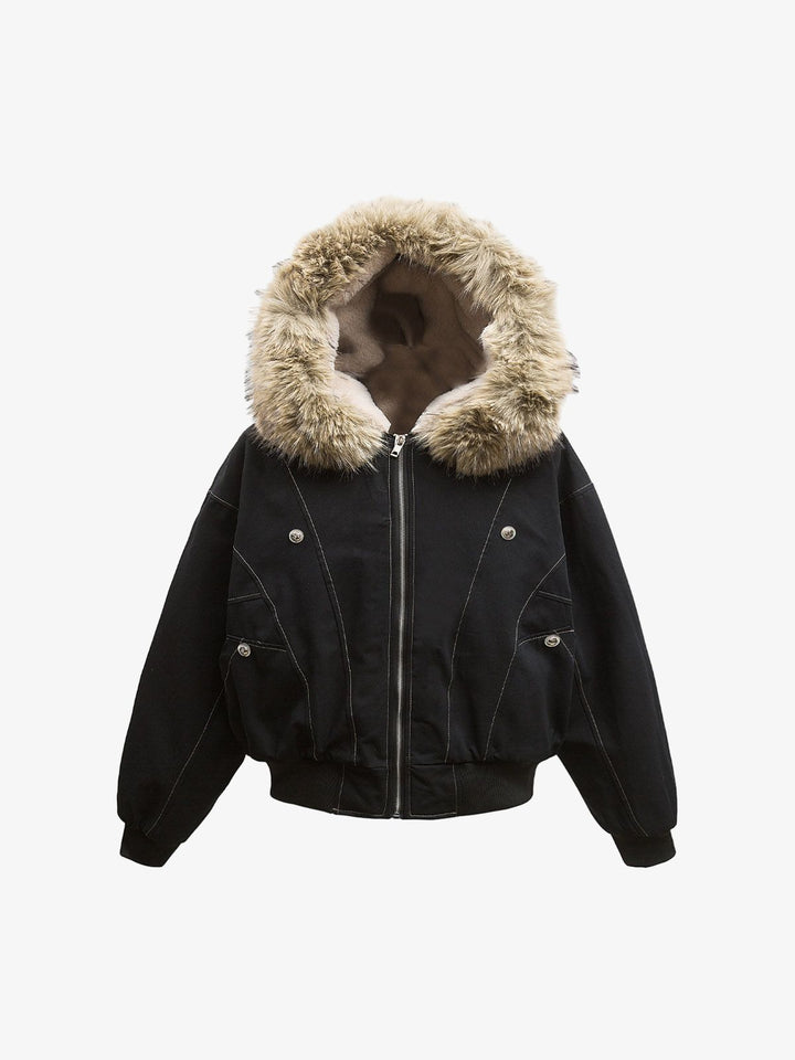 Faux Fur Lined Zip Up Hooded Bomber Jacket